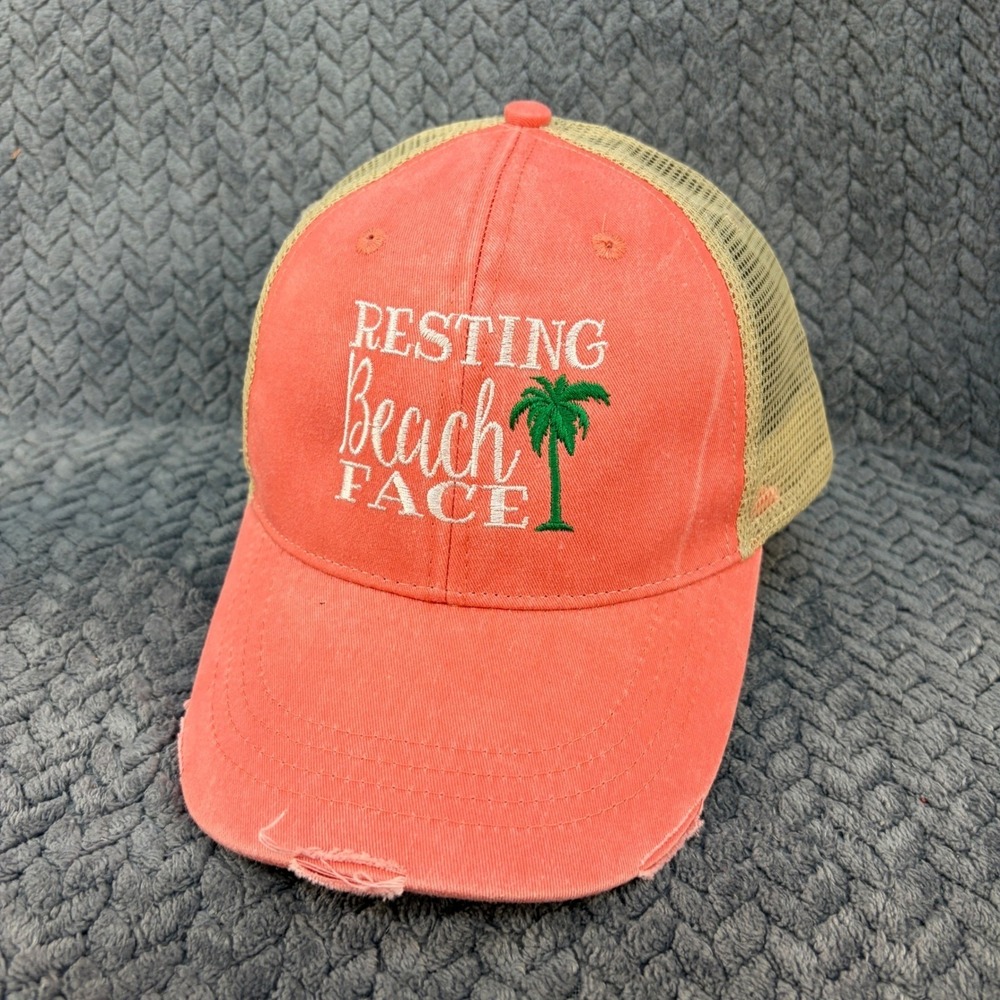 Adams Resting Beach Face Trucker Hat Coral Pink Tan Mesh Snapback Distressed Cap
